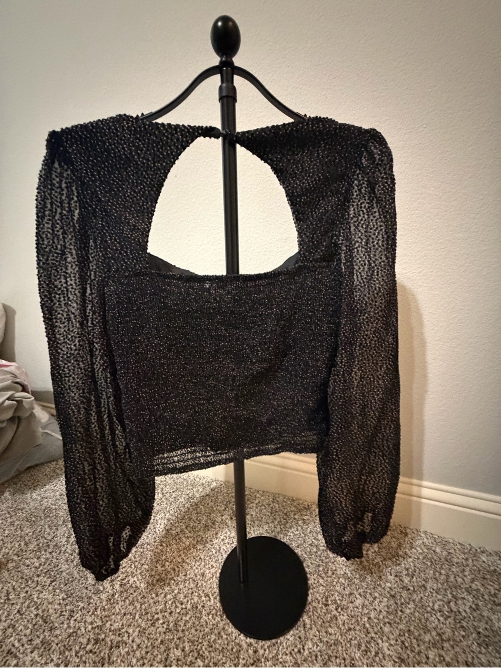 Lush Black Sheer Long-Sleeve Crop Top with Open Back